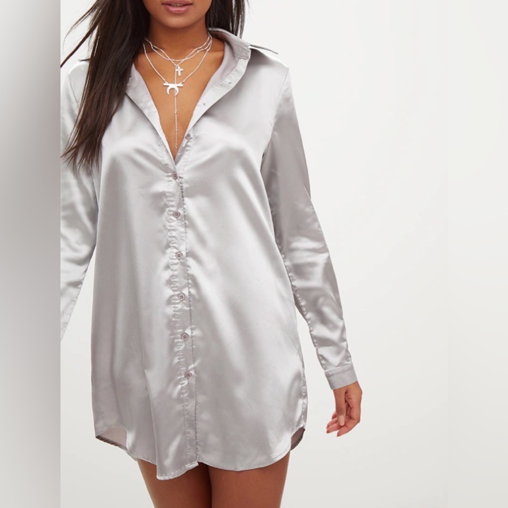 Satin gray silver metallic button up / down. sexy work wear cute going out shirt